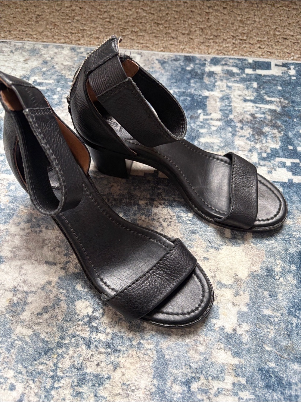 Frye Black Leather Ankle-Strap Block Heels